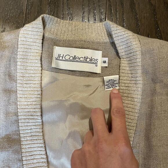 Vintage 80s 90s Beige Linen Campus Cardigan Jacket  Minimalist Earthtone Grandpa - Picture 5 of 9